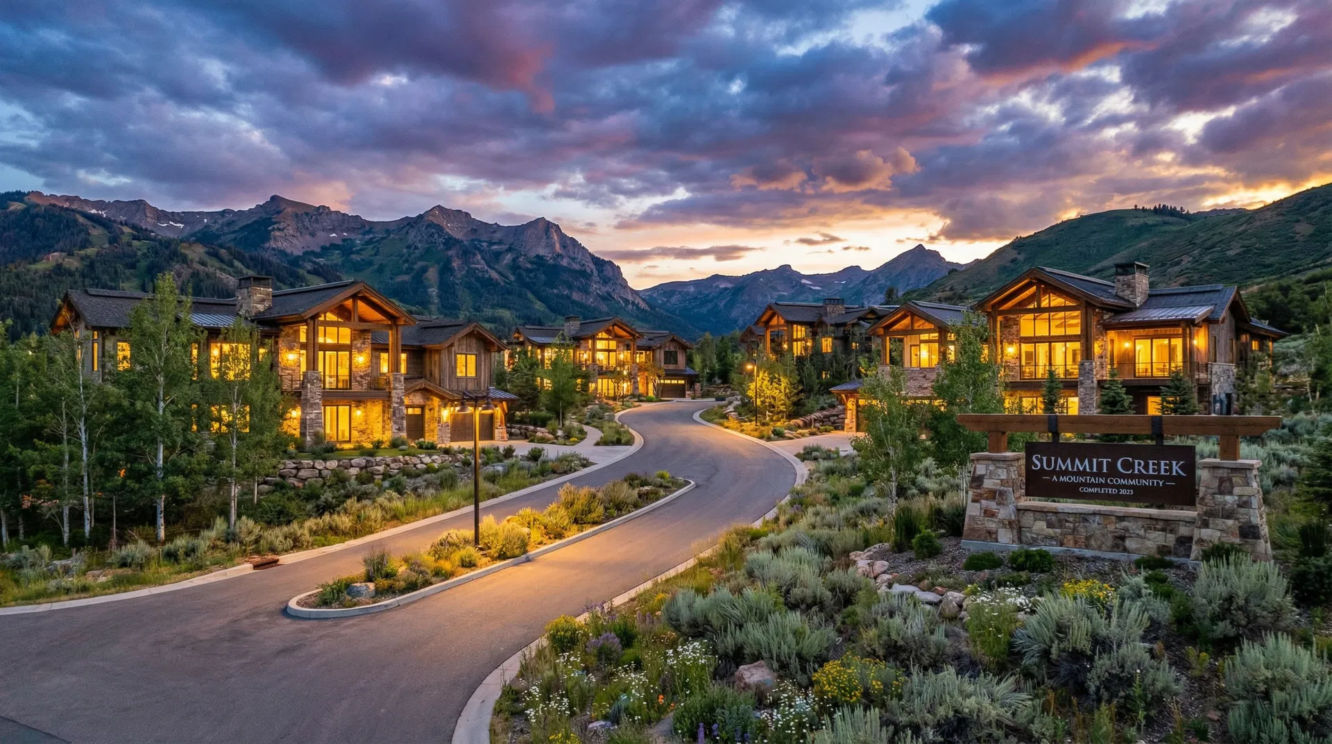 Summit Creek community at dusk with custom homes and Wasatch mountain backdrop
