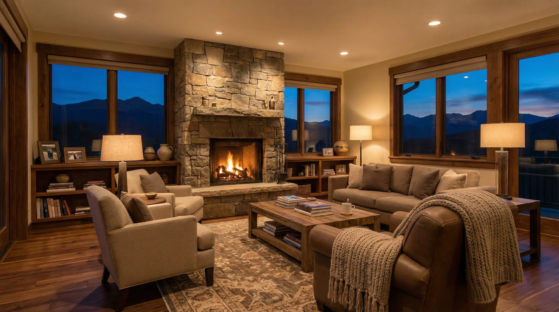 Finished living room with stone fireplace and evening mountain views