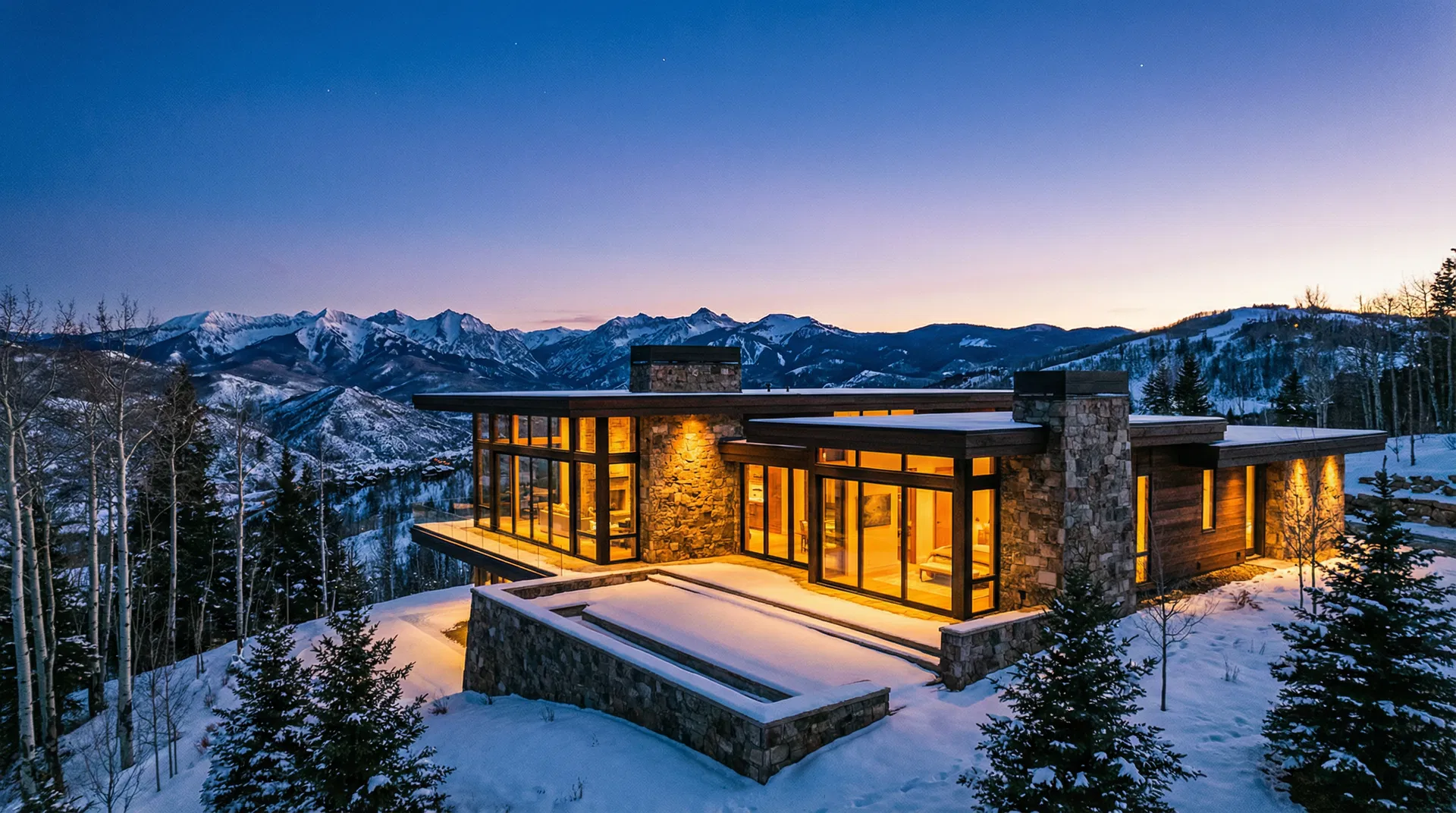 Custom mountain home at dusk with snow-capped Wasatch peaks