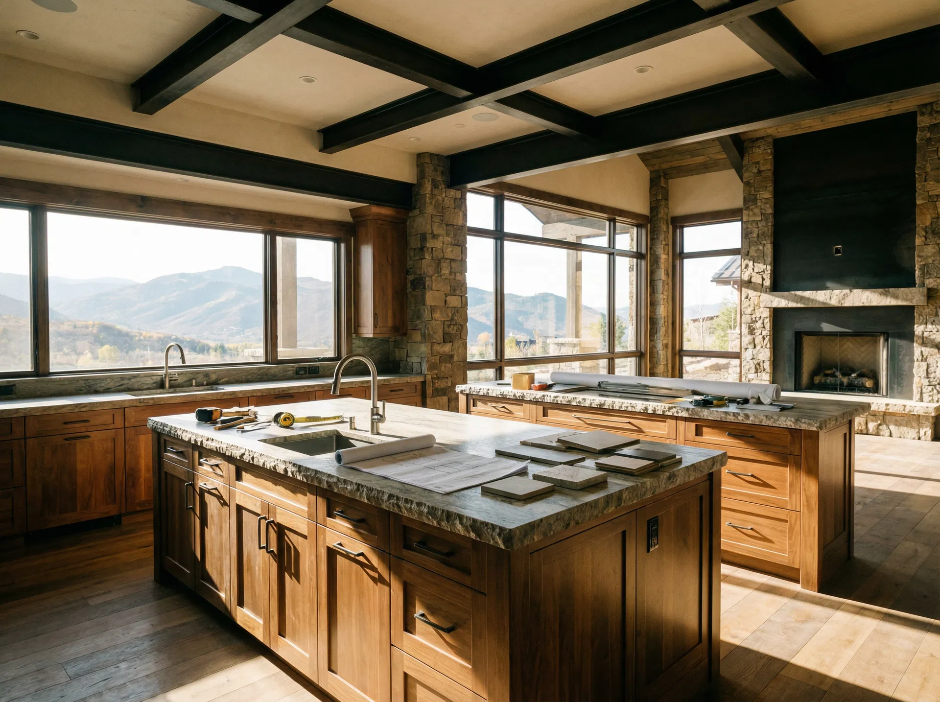 Luxury kitchen with mountain views and material samples