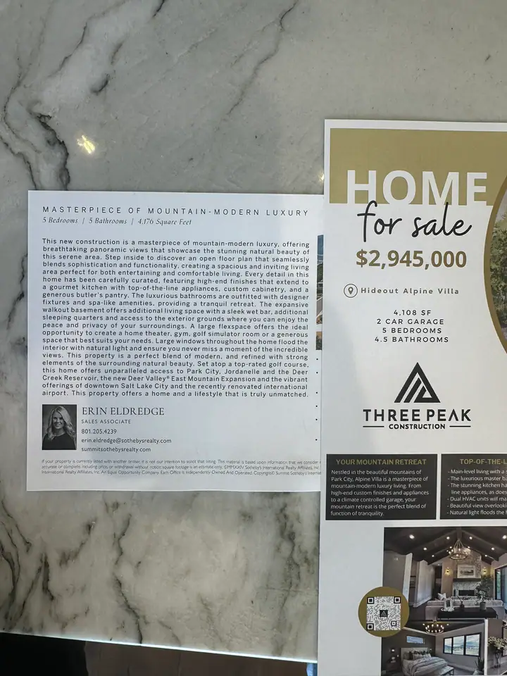 Alpine Villa at Hideout listing sheet, $2,945,000, 5 bedrooms, 5 bathrooms, 4,176 square feet, mountain modern custom home