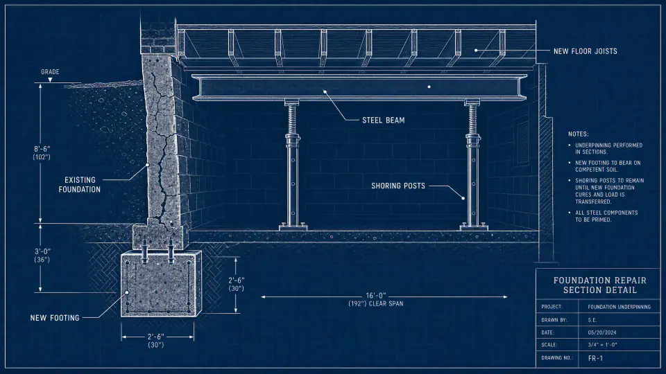 Structural engineering diagram showing foundation repair section detail, new footing, steel beam, shoring posts, and existing foundation with dimensions and load calculations